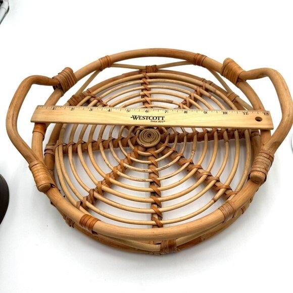 BOHO CHIC 12” WIDE RATTAN ROUND SERVING TRAY BASKET WITH HANDLES - Picture 7 of 9